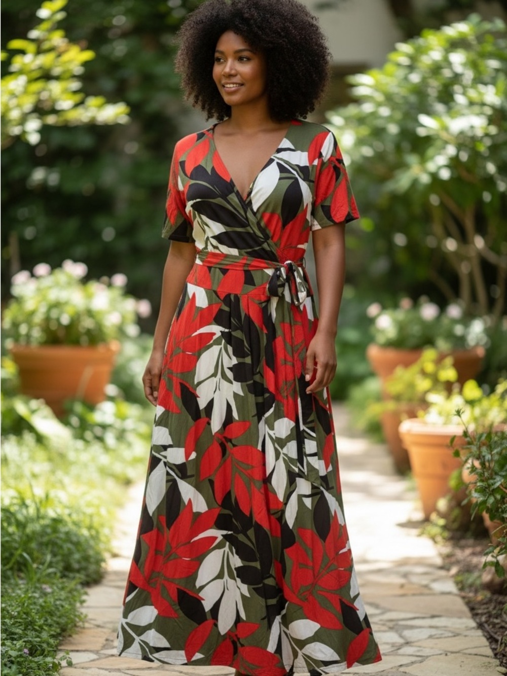 Red & Olive Leaf-Print Wrap Maxi Dress with Tie Waist
